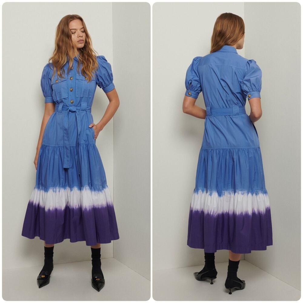 NEW Derek Lam 10 Crosby Buffy Utility Midi Shirt Dress Womens 4 Blue Dip Dye